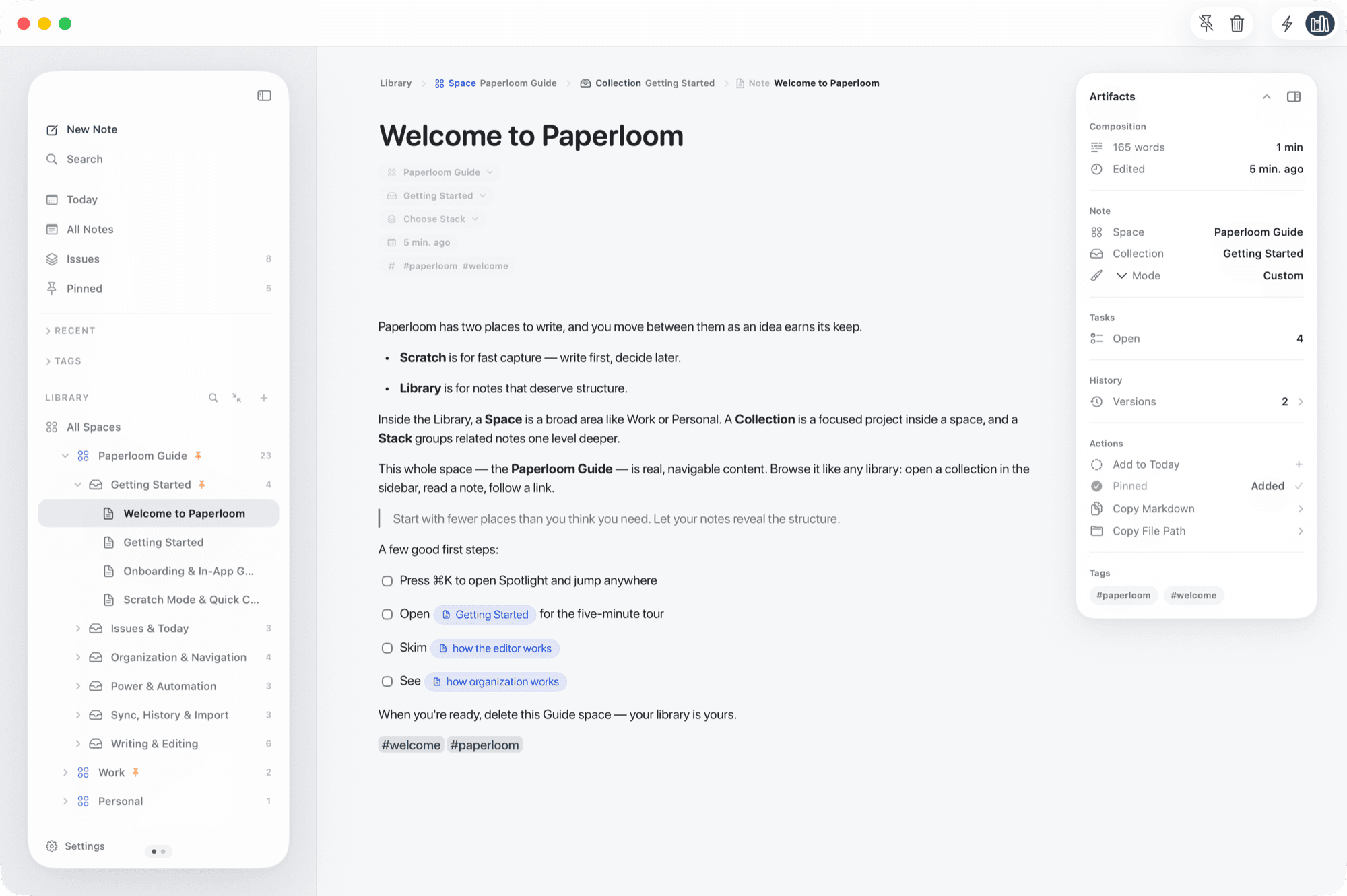 Paperloom with the sidebar open to the Paperloom Guide space and the Welcome note in the editor.