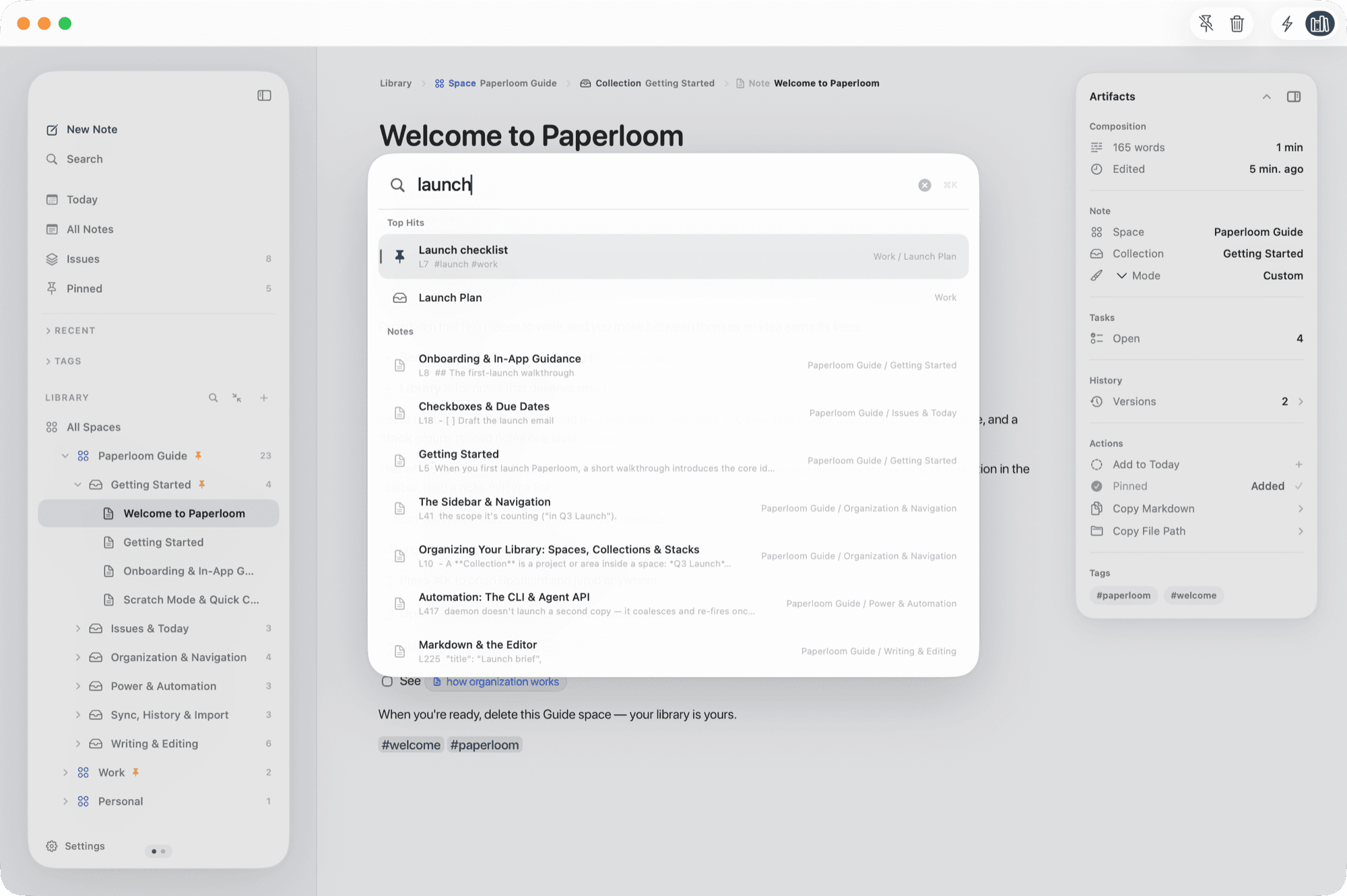 Spotlight open over a note, showing Top Hits and Notes for the query 'launch'.