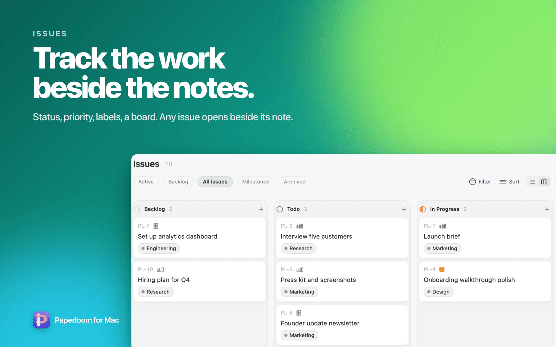 Paperloom's issues board with Backlog, Todo and In Progress columns. Headline: Track the work beside the notes.