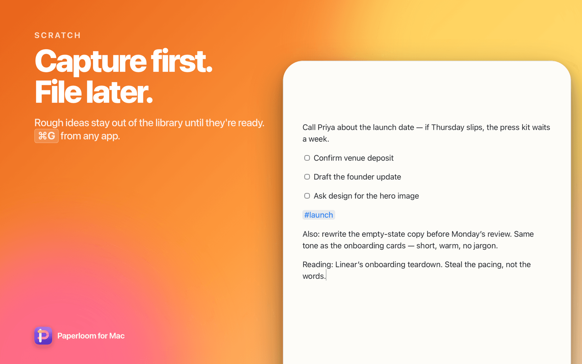 The floating Quick Scratch panel holding a captured thought and three checkboxes. Headline: Capture first. File later.