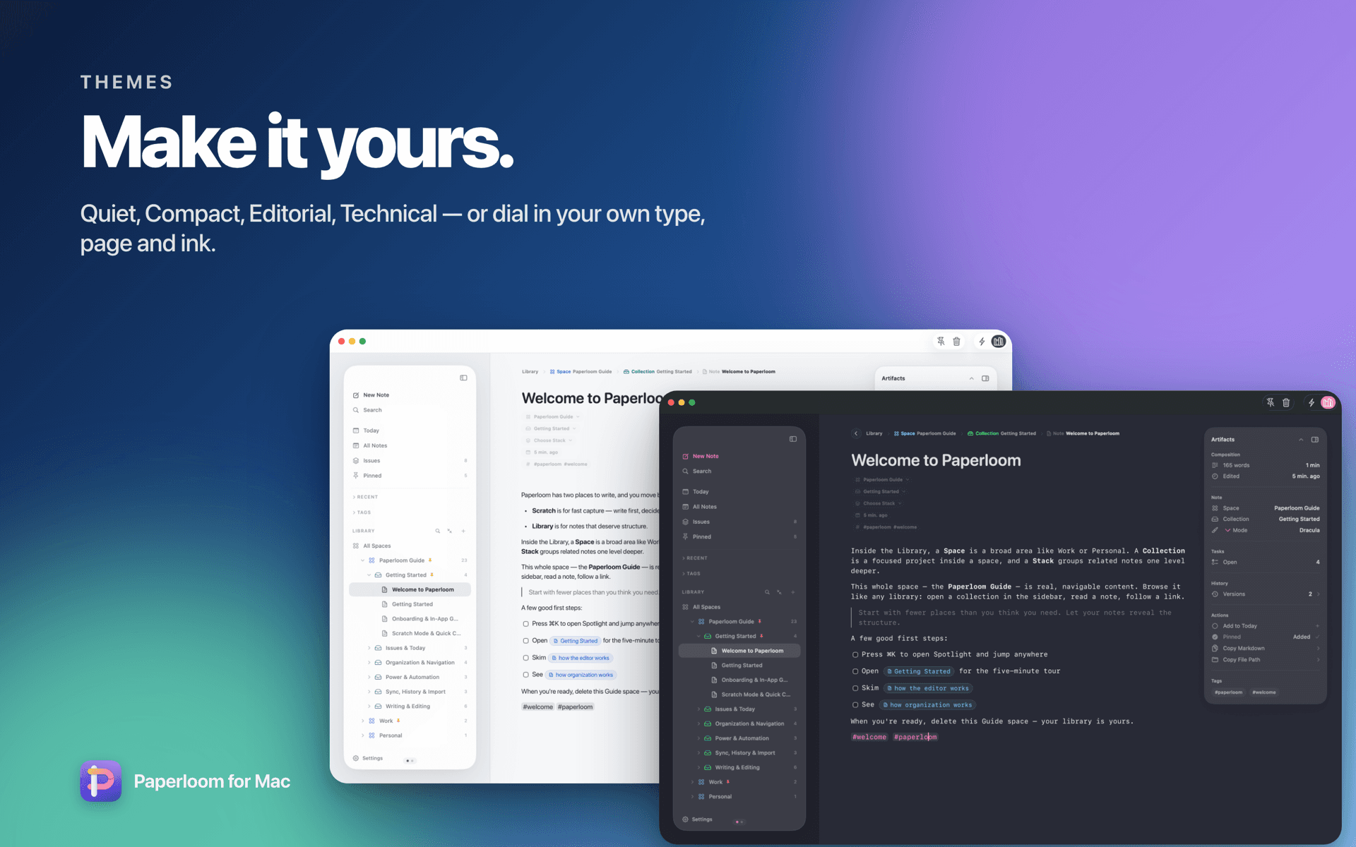 The same note shown in a light theme and a dark theme side by side. Headline: Make it yours.